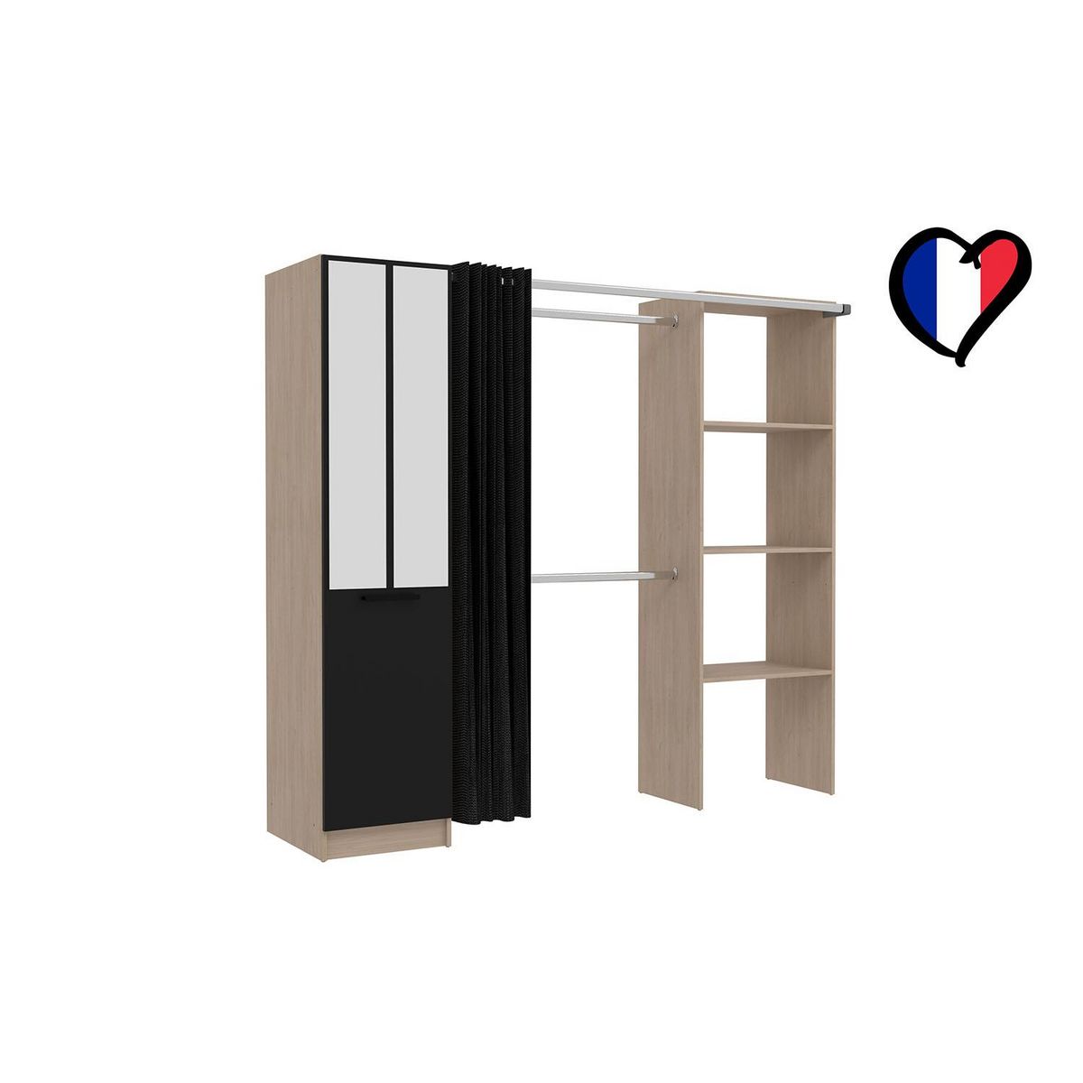 CONCEPT USINE Dressing industriel bois avec rideau noir et 2 penderies et 6 étagères NICE