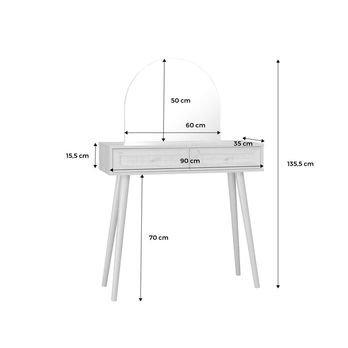 SWEEEK Coiffeuse Bohème avec miroir arrondi et 2 tiroirs cannage. coloris naturel. style Scandinave. L 90 x P 35 x H 135.5 cm