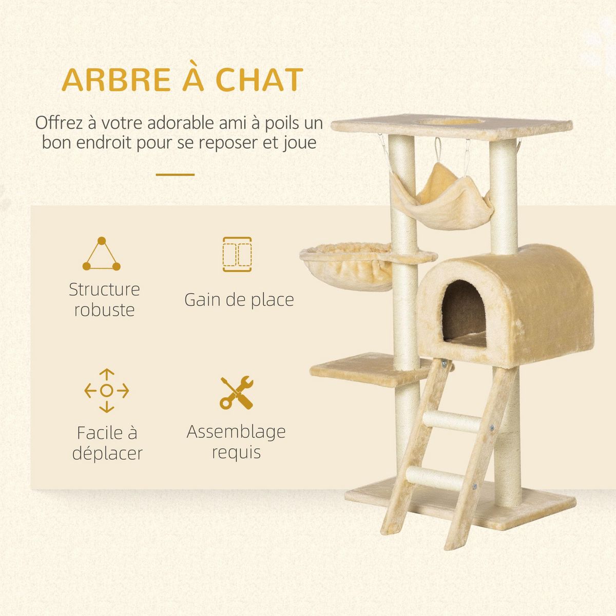 PAWHUT Arbre à chat griffoir arbre à grimper tour de jeu stable à plusieurs niveaux centre d'activités hauteur 98 cm beige