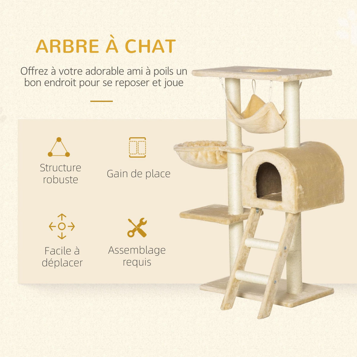 PAWHUT Arbre à chat griffoir arbre à grimper tour de jeu stable à plusieurs niveaux centre d'activités hauteur 98 cm beige