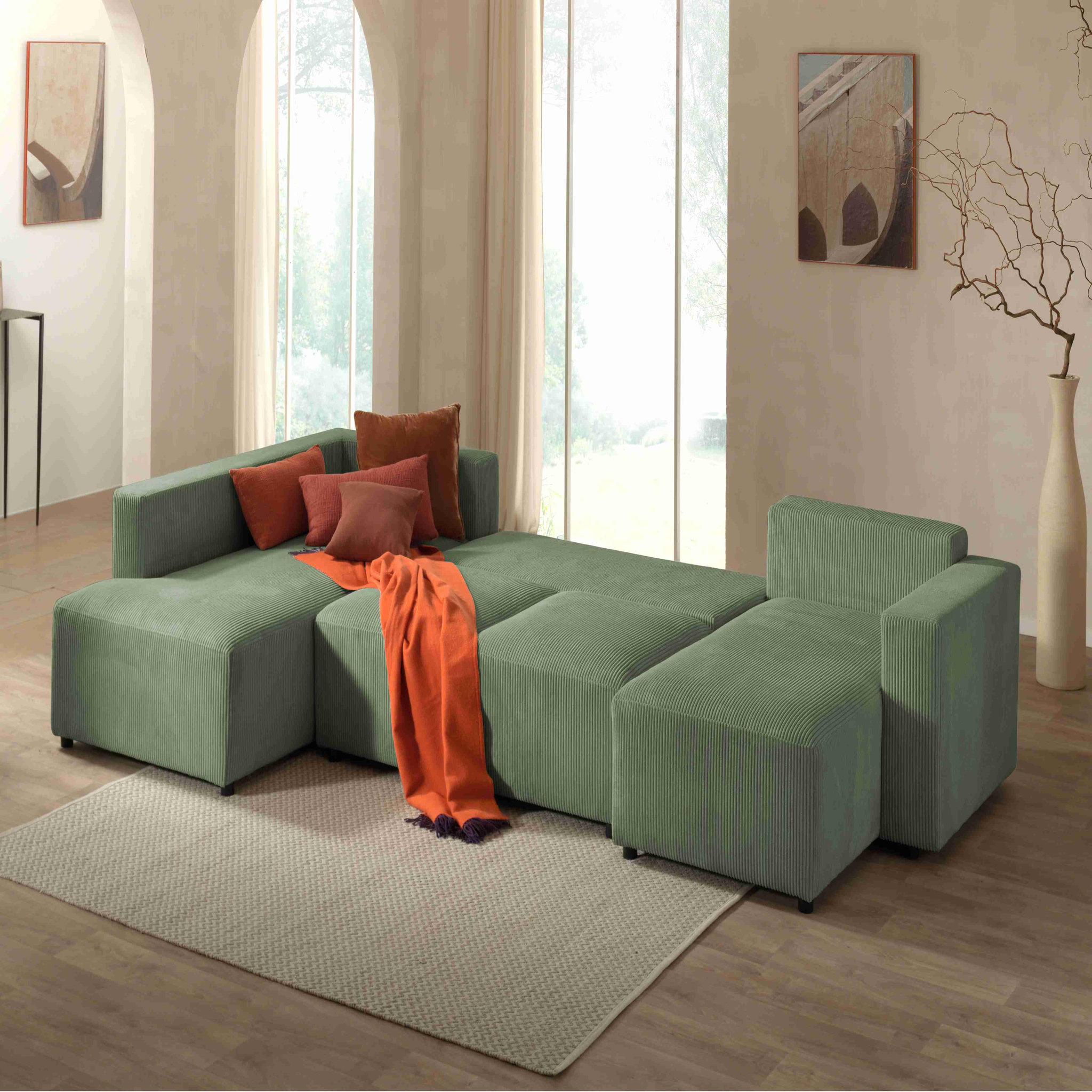 Voir la diapositive 3 : LISA DESIGN Livy - canapé panoramique convertible - avec coffre - en velours côtelé - 7 places - gauche