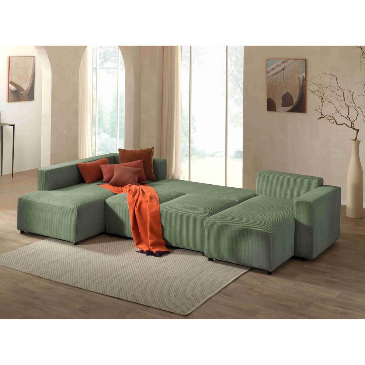 LISA DESIGN Livy - canapé panoramique convertible - avec coffre - en velours côtelé - 7 places - gauche