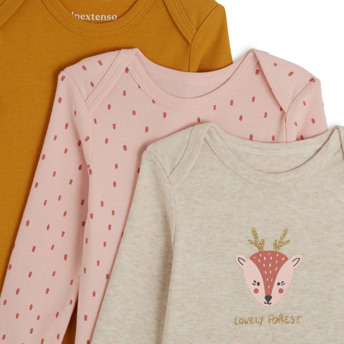 INEXTENSO Lot de 3 bodies manches longues biche bébé fille