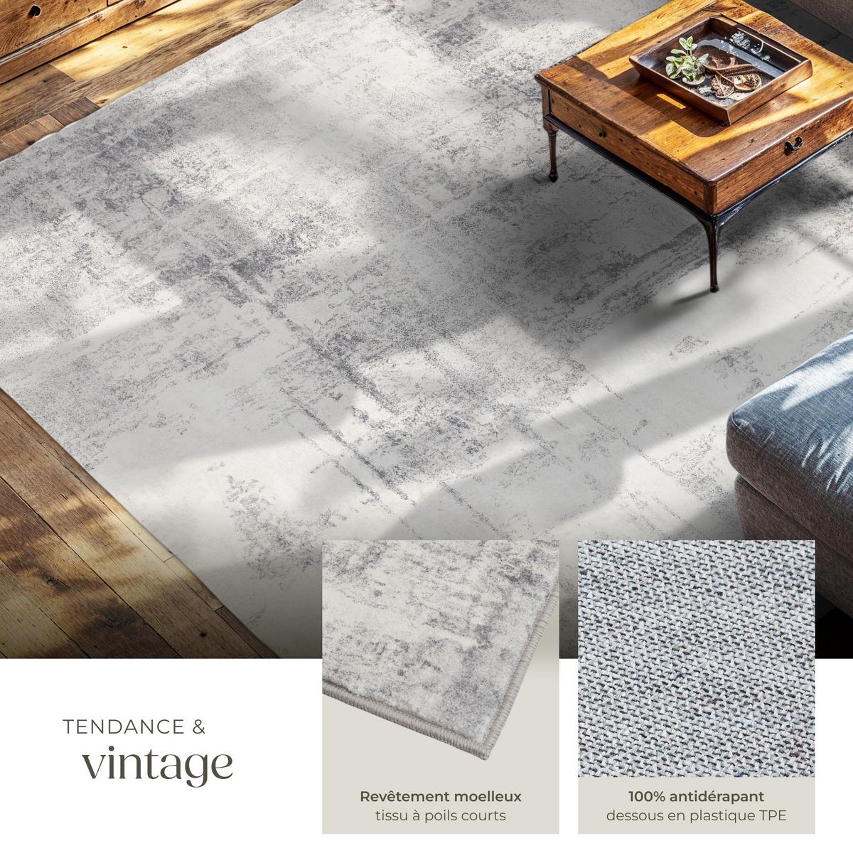 tectake Tapis design vintage à poils courts en laine synthétique et feutre beige/gris 240 x 340 cm