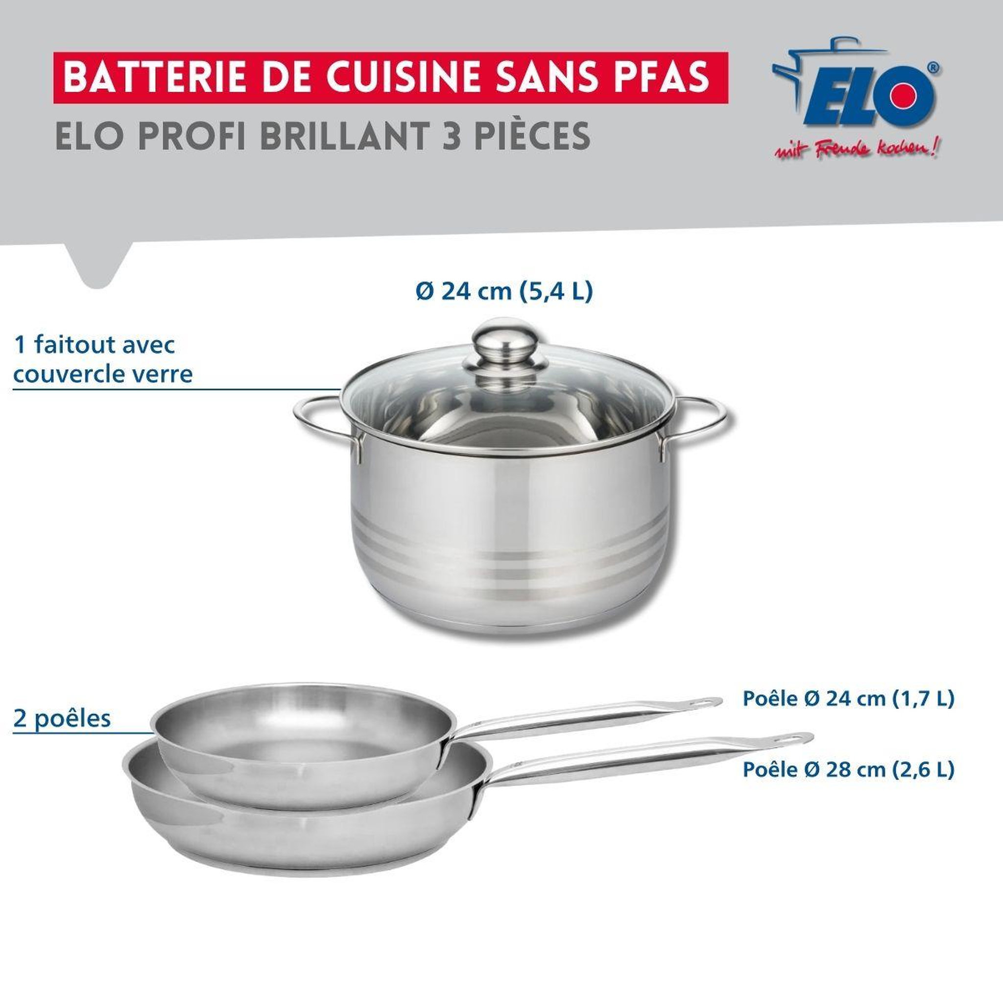 Voir la diapositive 2 : ELO Ensemble de 2 poêles de cuisson 24 et 28 cm et 1 faitout 24 cm elo profi brillant