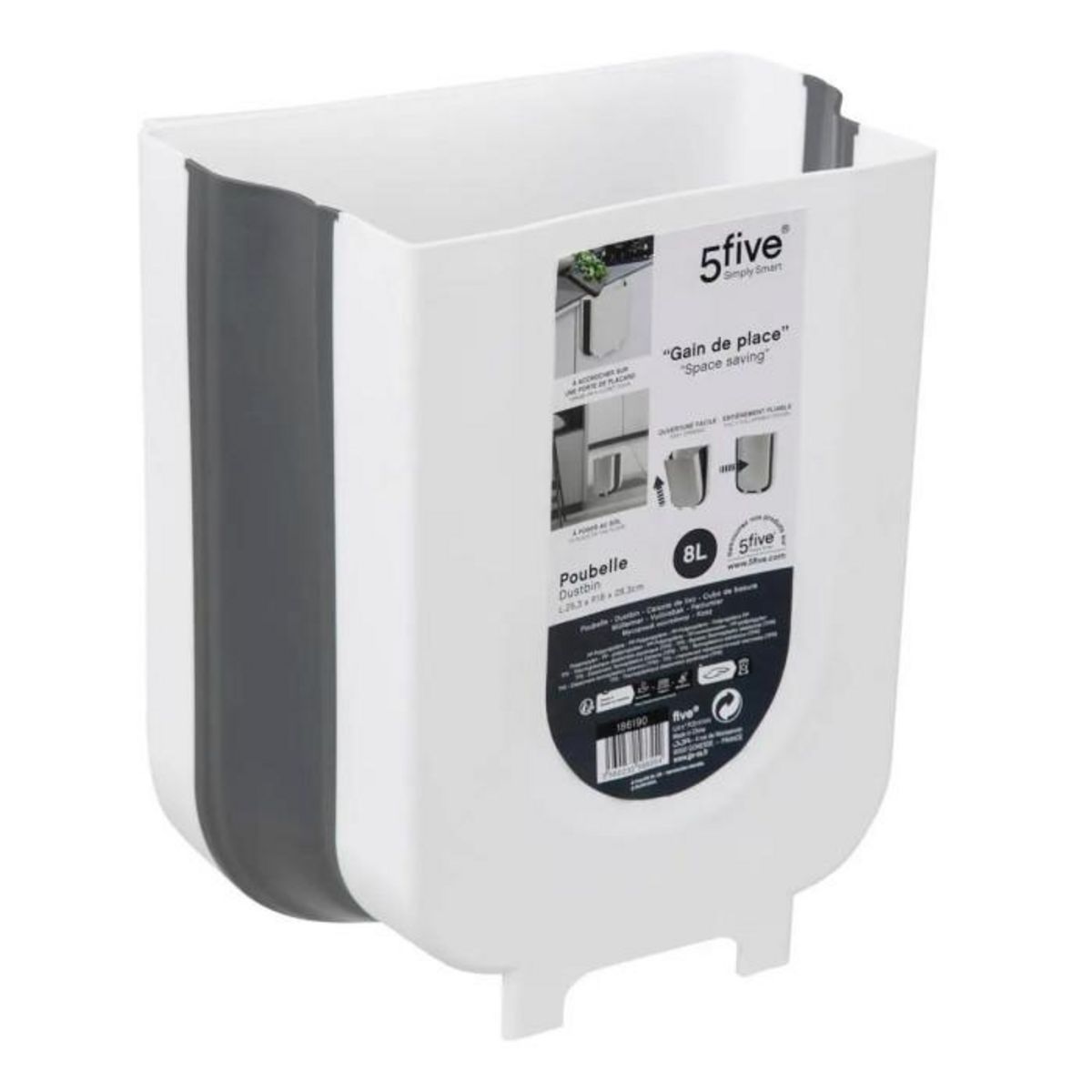 FIVE Poubelle de Cuisine  Rétractable  8L Blanc & Gris