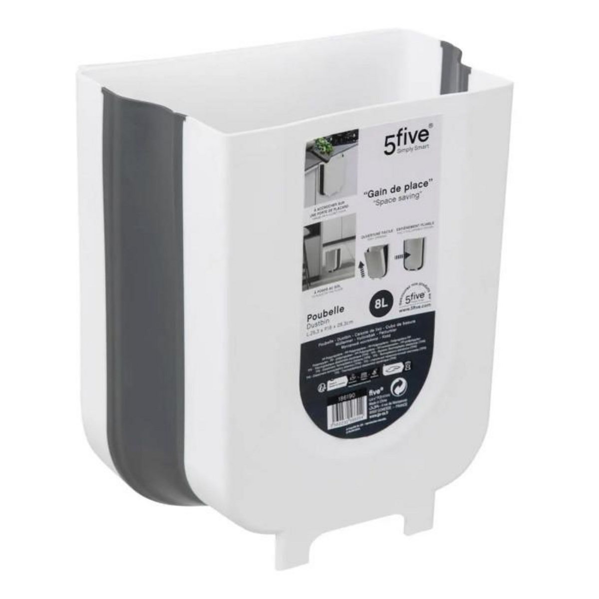 FIVE Poubelle de Cuisine  Rétractable  8L Blanc & Gris