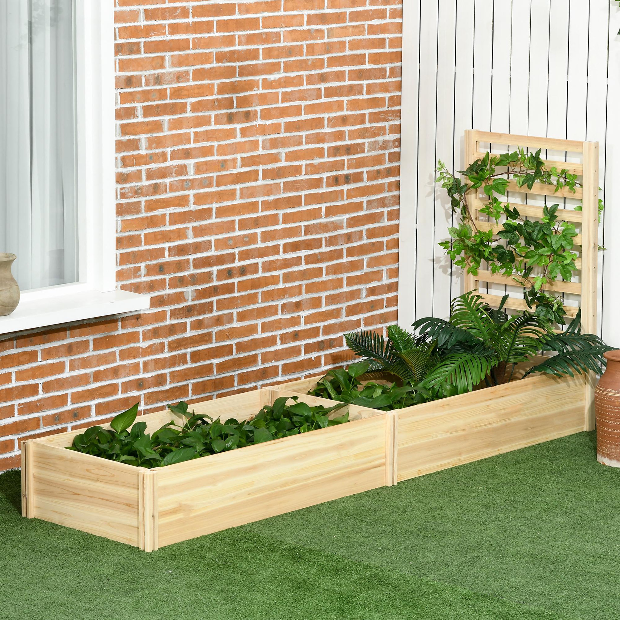 Voir la diapositive 2 : OUTSUNNY Lot de 2 jardinières avec treillis - ensemble de 2 carrés potagers - bois de sapin pré-huilé