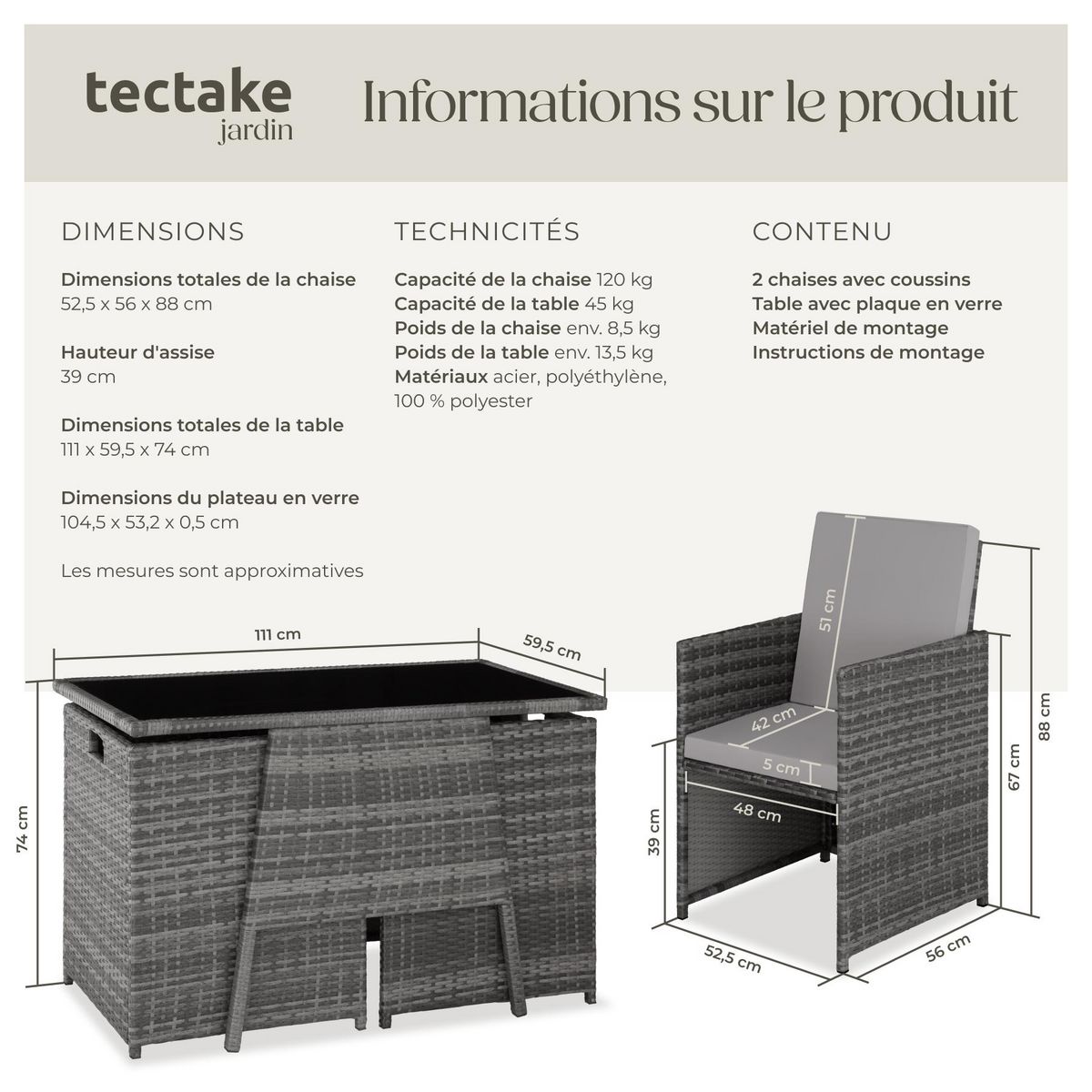 tectake Salon de jardin pour 2 personnes gris