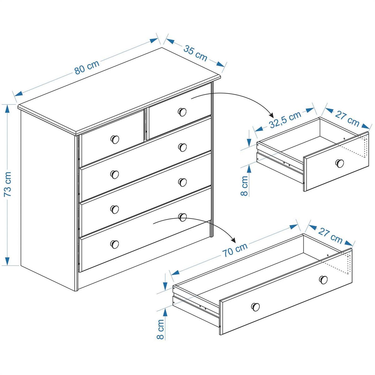 IDIMEX Commode en pin RONDO, 2+3 tiroirs