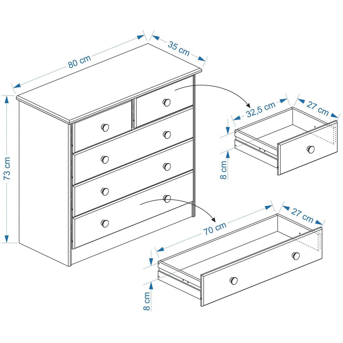 IDIMEX Commode en pin RONDO, 2+3 tiroirs