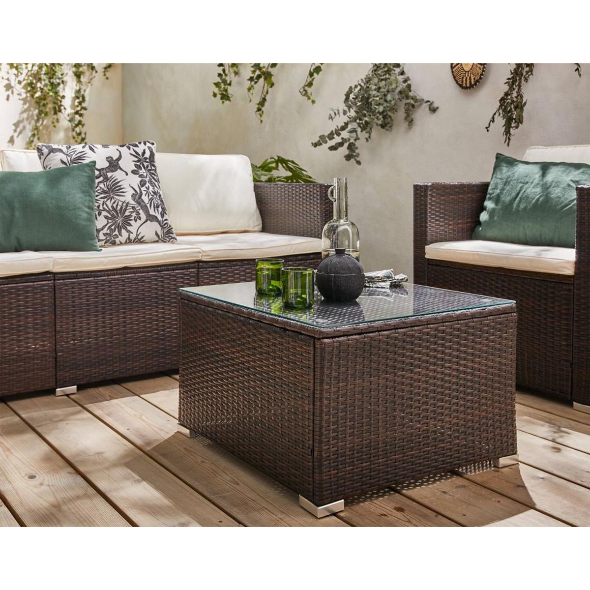 BEST MOBILIER Wanaka - salon bas de jardin 5 places - résine tressée et coussins beiges