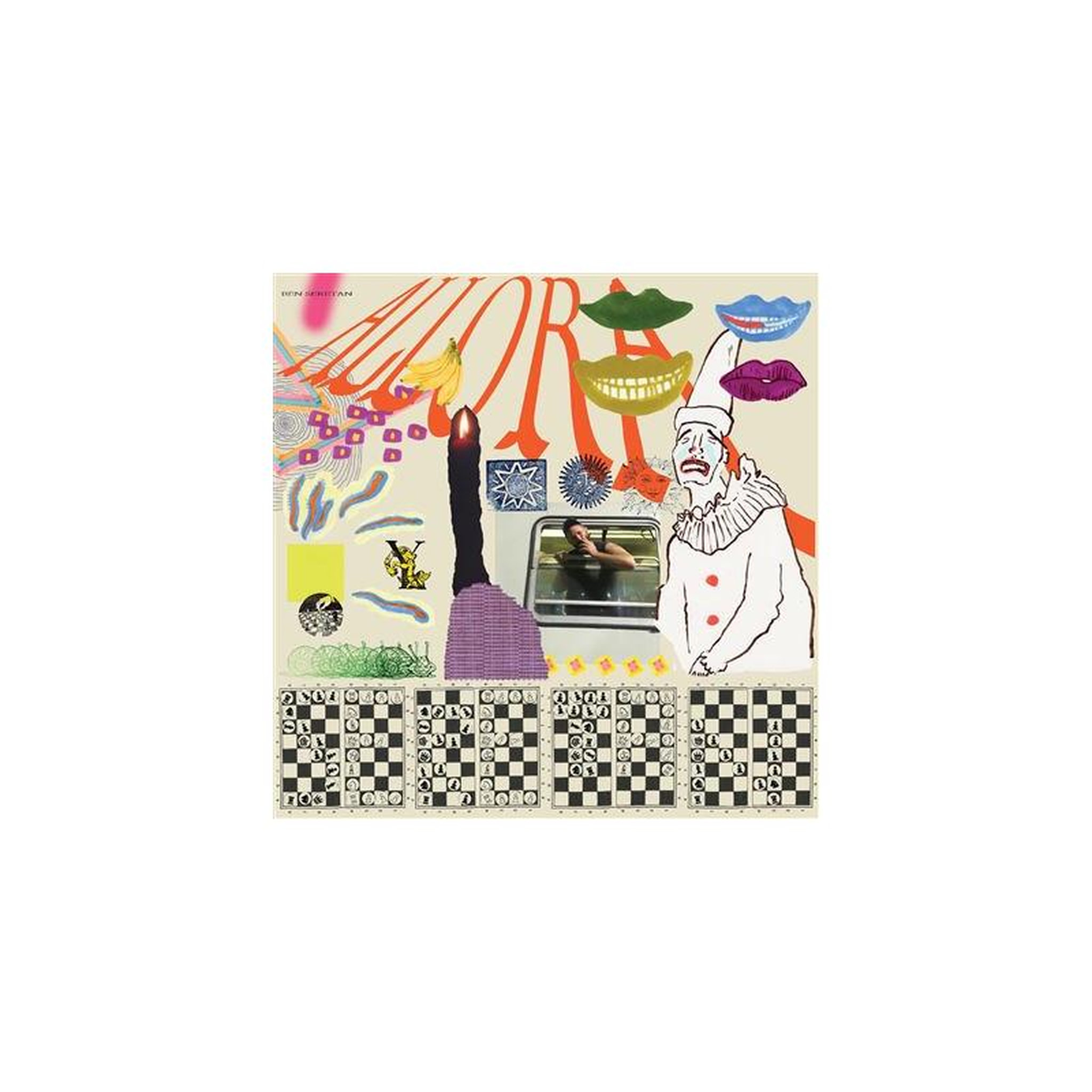 Poster collage “allora” avec lettres stylisées, silhouettes illustrées et bande à carreaux noir et