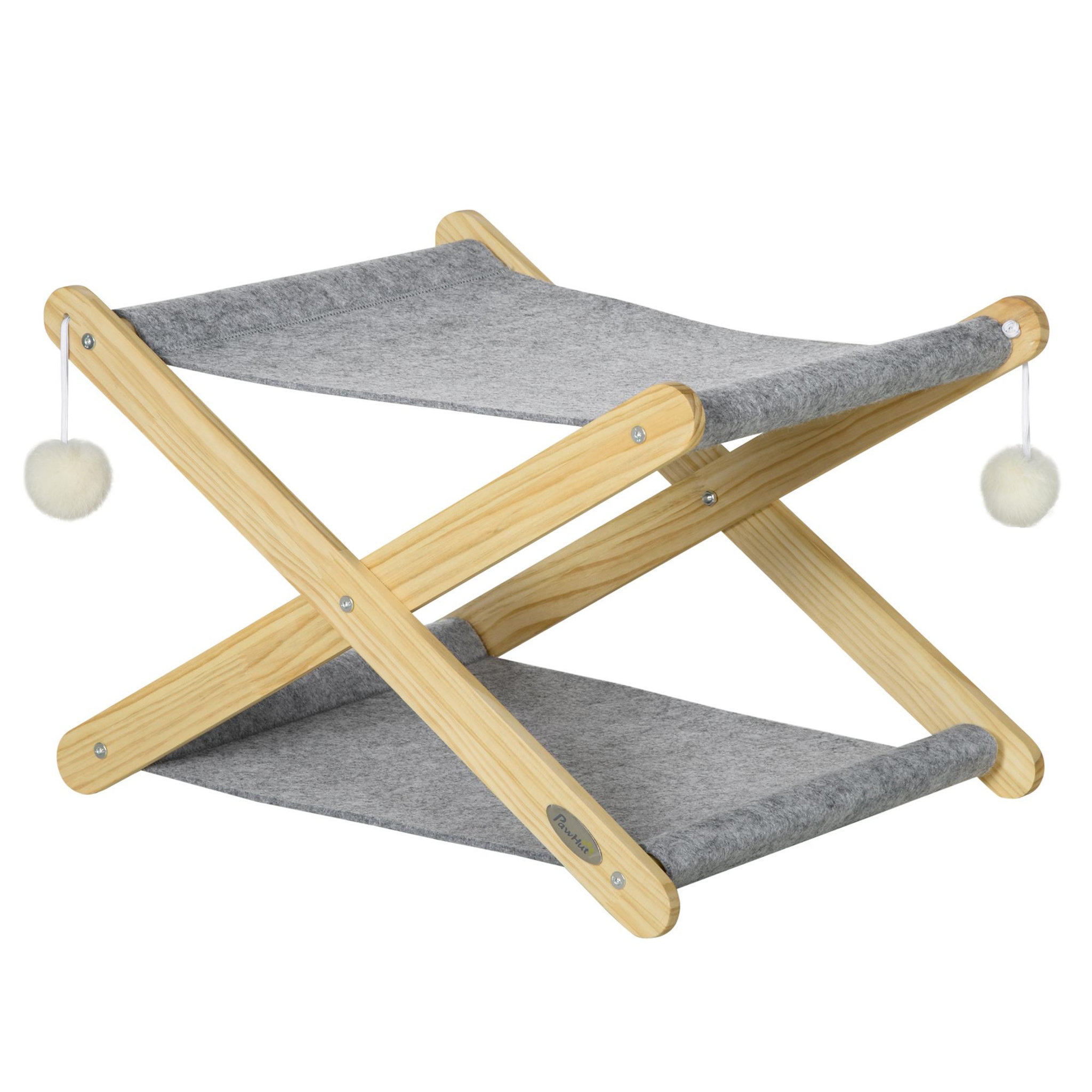Voir la diapositive 1 : PAWHUT Lit pliable pour chat - hamac chat 2 niveaux - jeu 2 boules suspendues - bois de pin feutre gris