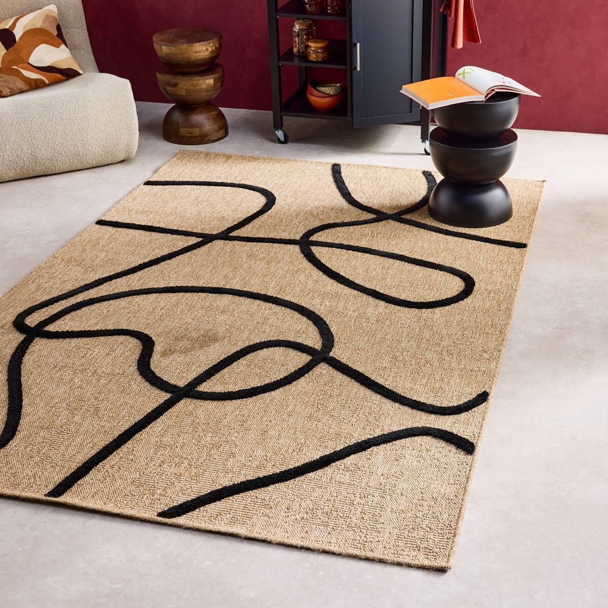 SWEEEK Tapis intérieur effet jute THOMAS, motif graphique en relief noir