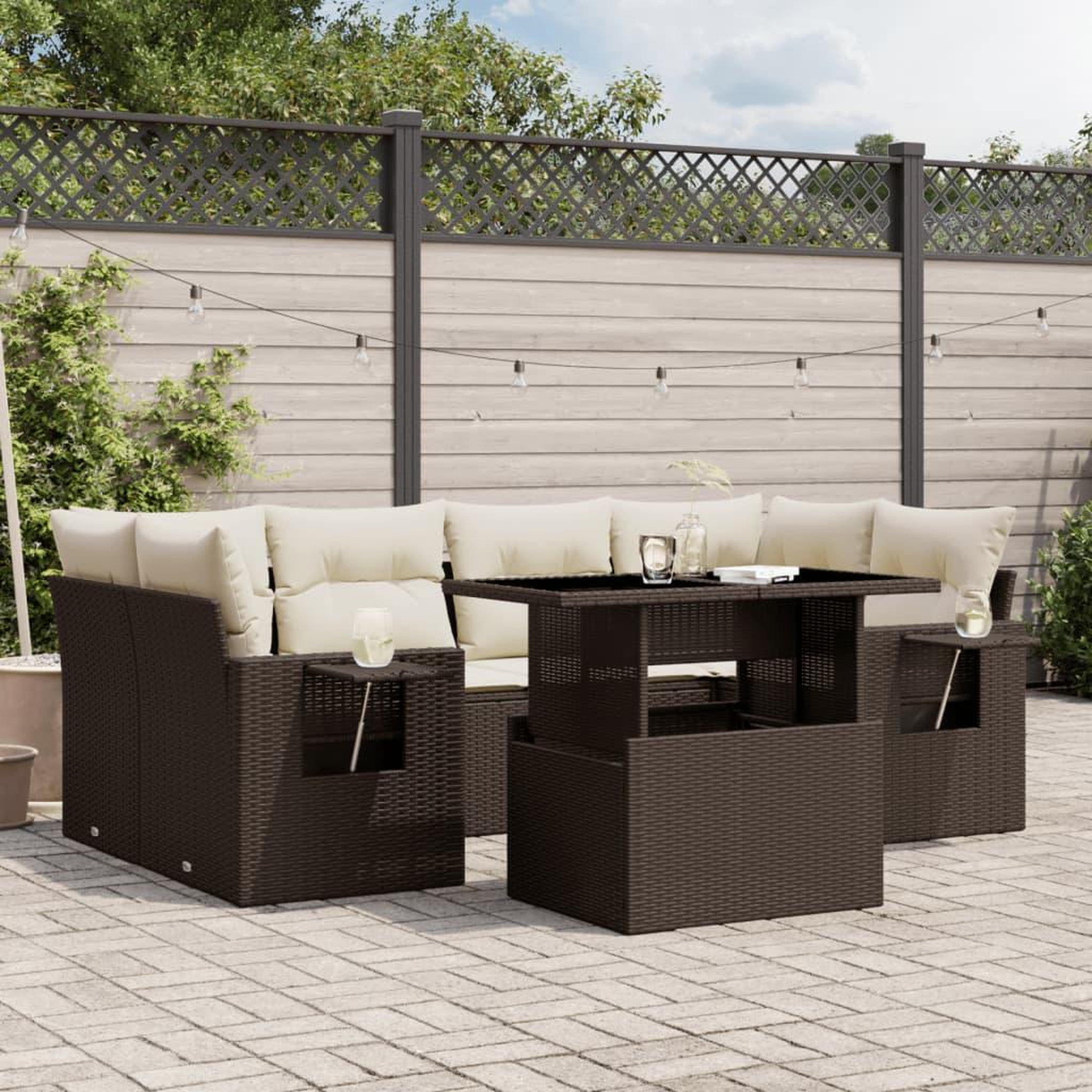 VIDAXL Salon de jardin avec coussins 7 pcs marron resine tressee