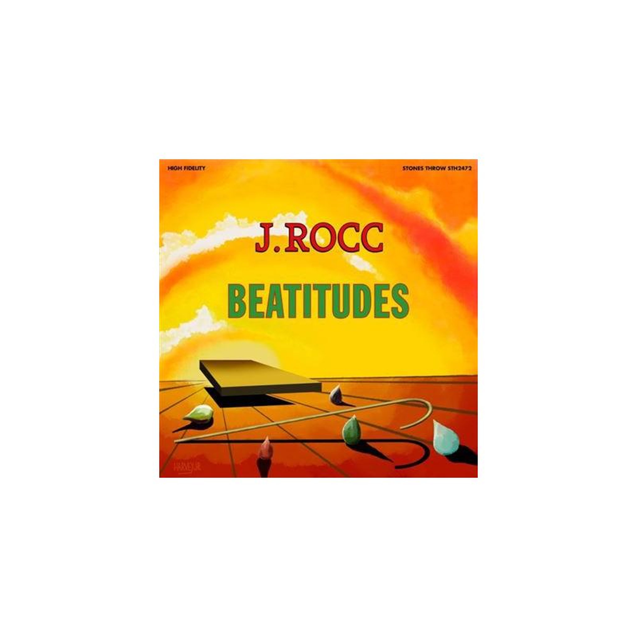 Cd beatitudes j.rocc sans marque, pochette imprimée, typographie en majuscules, ciel jaune/orange