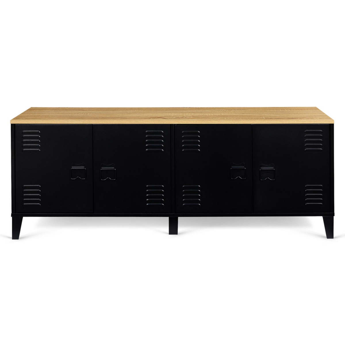 ID MARKET Buffet bas 140 cm ESTER 4 portes métal noir et plateau bois design industriel