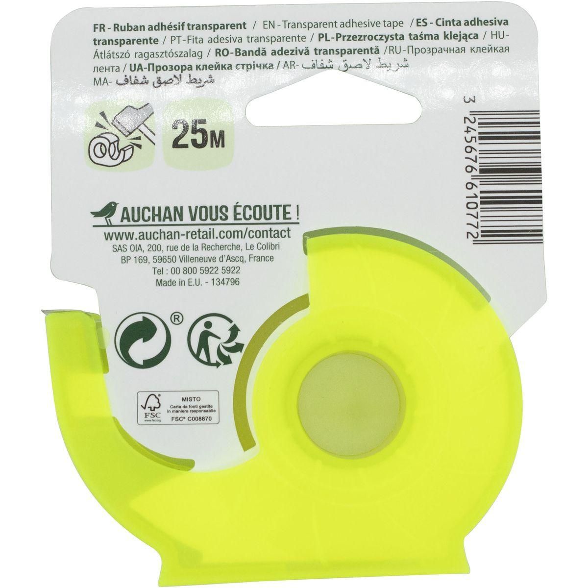 AUCHAN Rouleau ruban adhésif 25m transparent avec dévidoir jaune