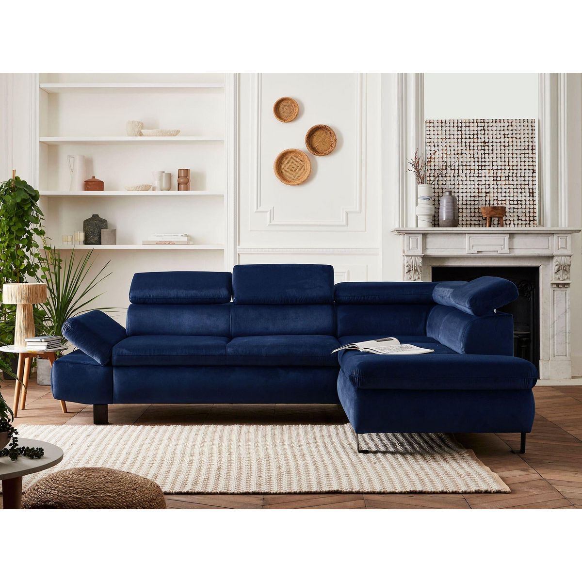 LISA DESIGN Nairobi - canapé d'angle convertible - en velours - 5 places - avec têtières - droit