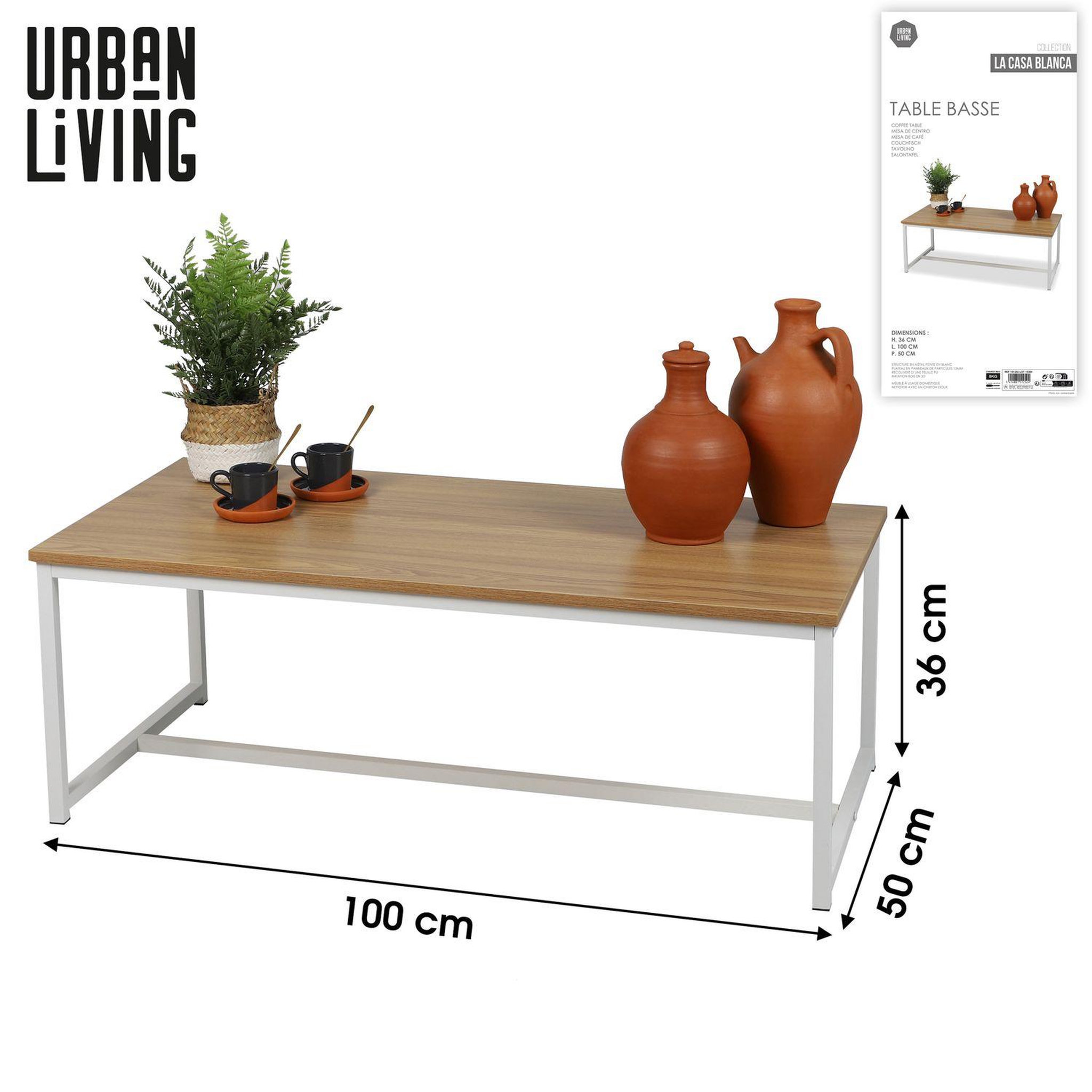 Voir la diapositive 4 : TOILINUX Table basse casa blanca en panneaux de particules et métal - l.100 cm x h.39 cm - beige et blanc