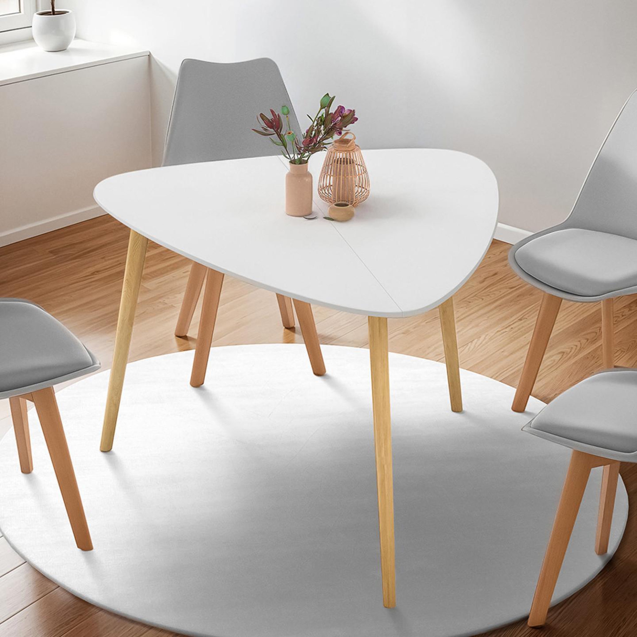Voir la diapositive 2 : ID MARKET Table à manger gaia 4 personnes plateau blanc pieds bois 110 cm