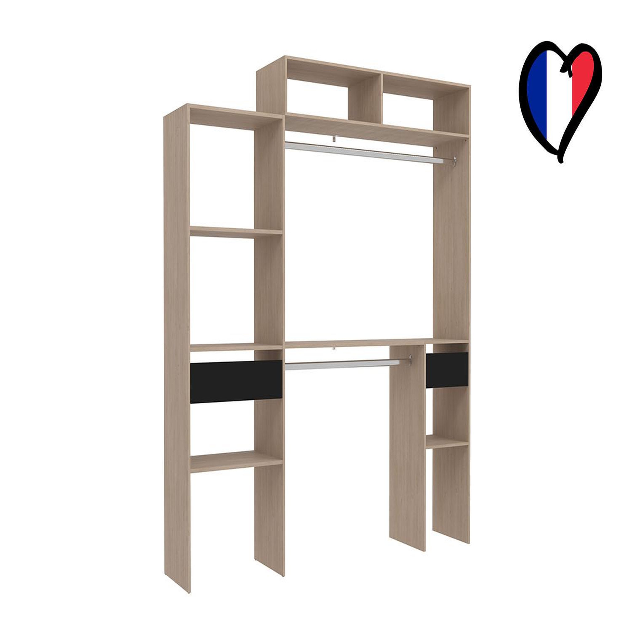 Voir la diapositive 3 : CONCEPT USINE Dressing bois extensible avec 2 penderies 4 étagères et 1 tiroir elysee