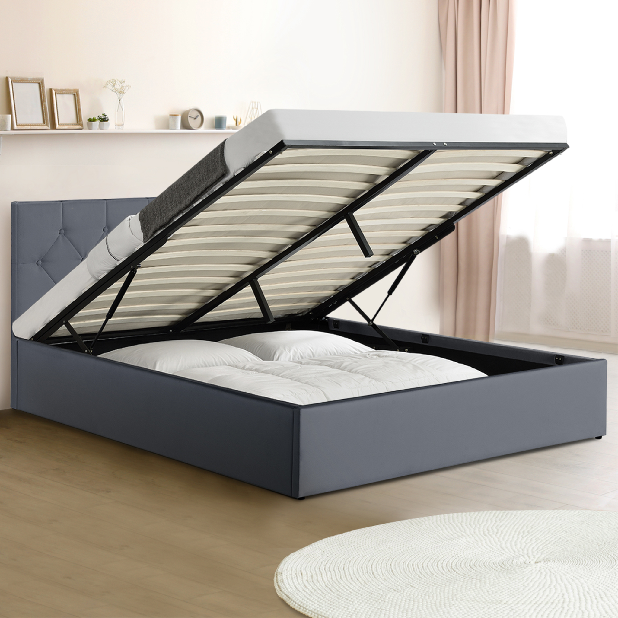 Voir la diapositive 2 : ID MARKET Lit coffre double austin avec tête de lit et sommier 140 x 190 cm pvc gris