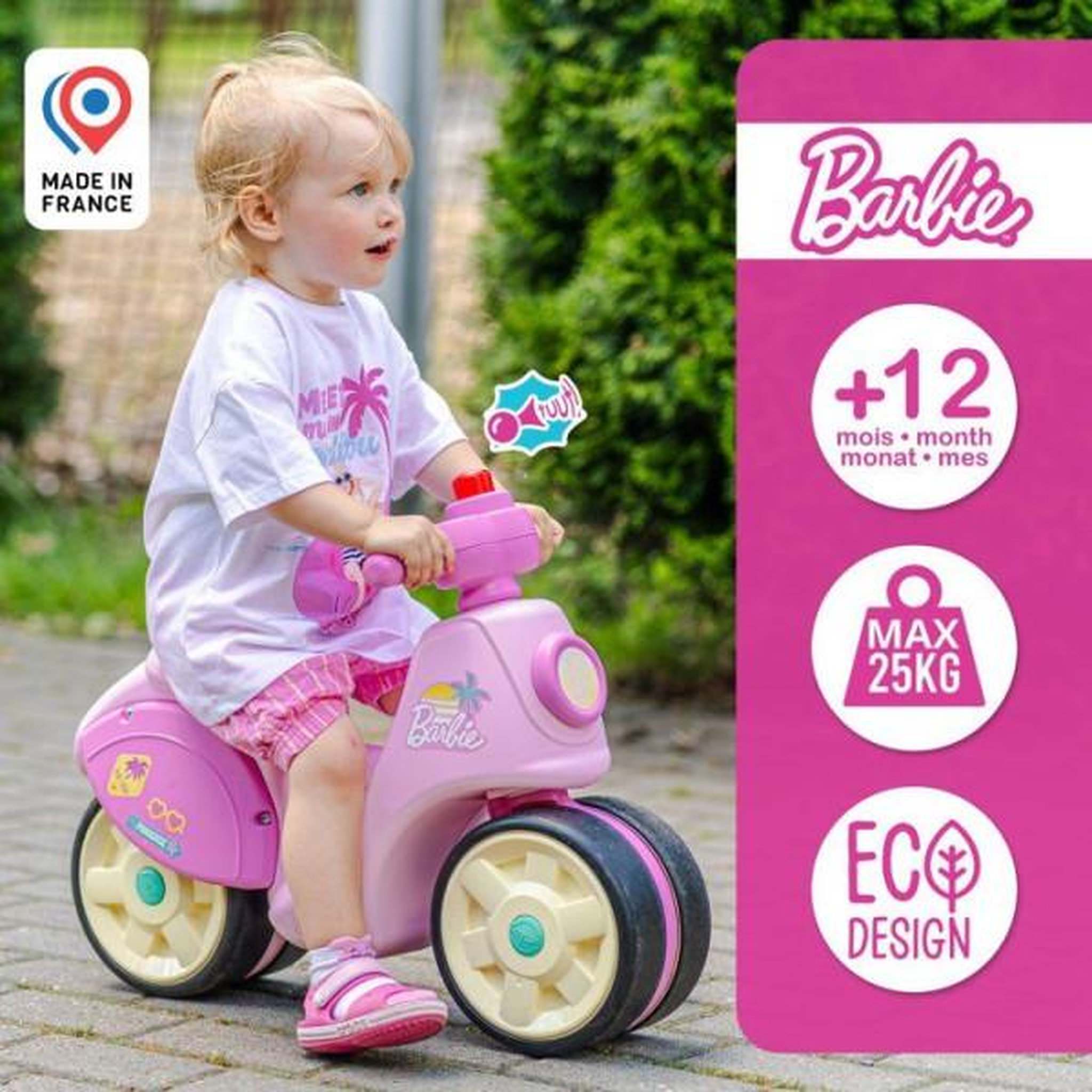 Voir la diapositive 4 : FALK Draisienne velo  - roues silencieuses - falk - scooter barbie premier âge - plastique recyclé - guidon directionnel - rose