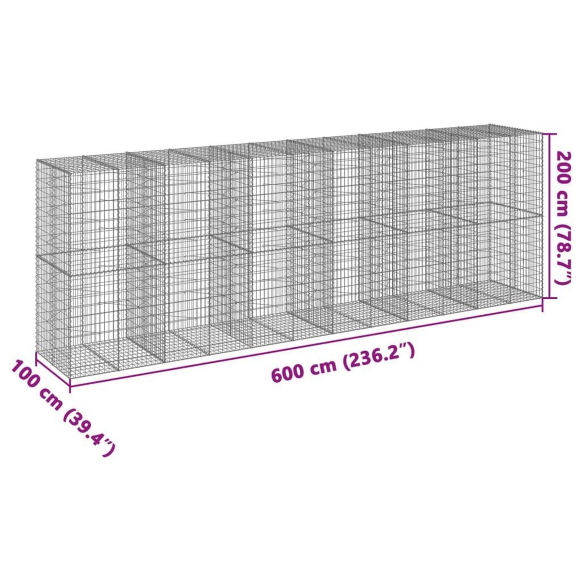 VIDAXL Panier gabion avec couvercle 600x100x200 cm fer galvanise