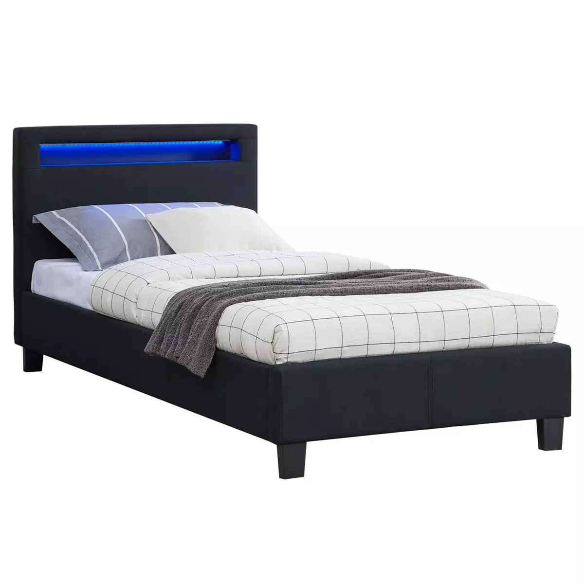 IDIMEX Lit LED simple 90x190 cm avec sommier, tête de lit confortable, lit 1 place revêtement en tissu noir, MOLINA