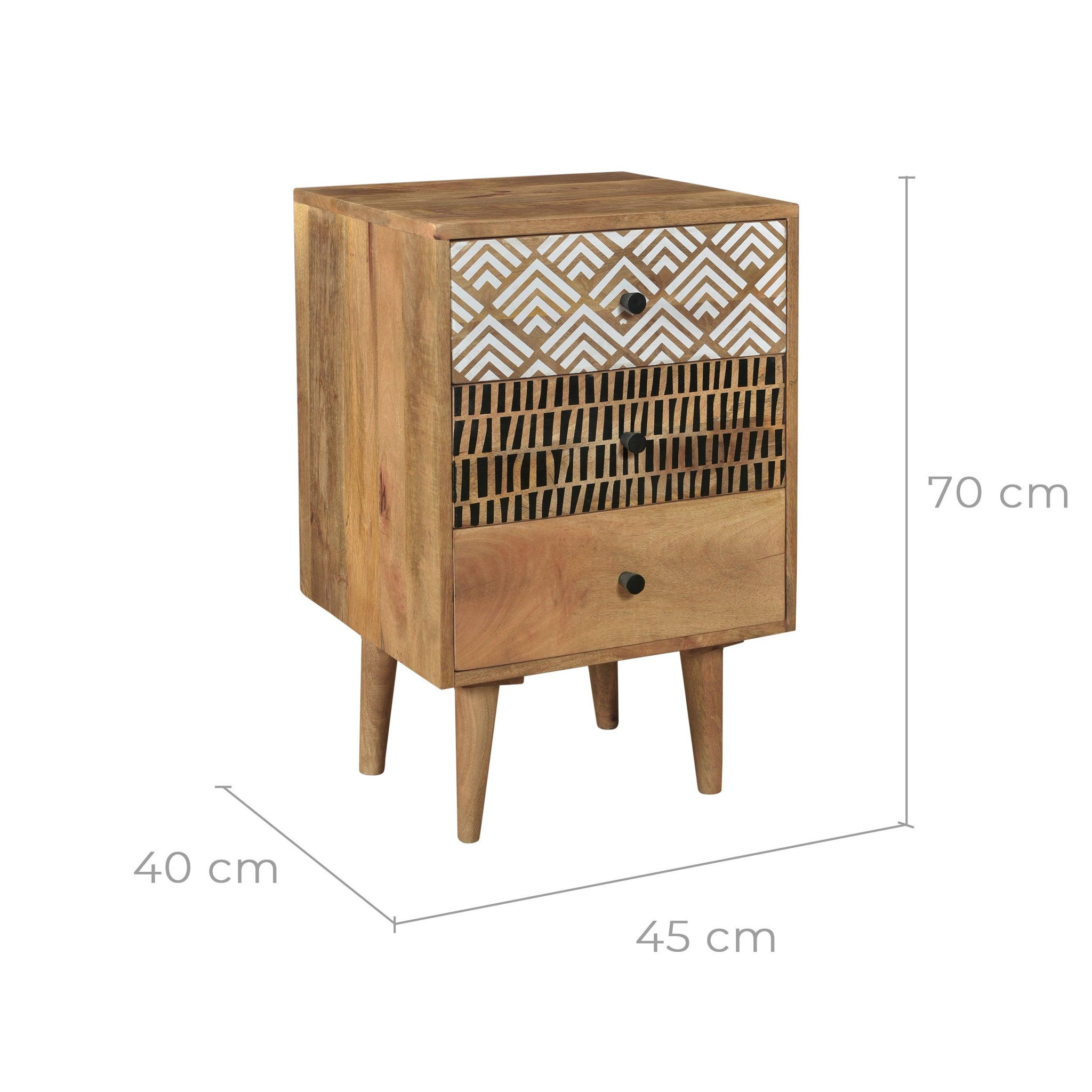 Voir la diapositive 4 : MAISON PAVANE Table de chevet en bois, 3 tiroirs à motifs-tali