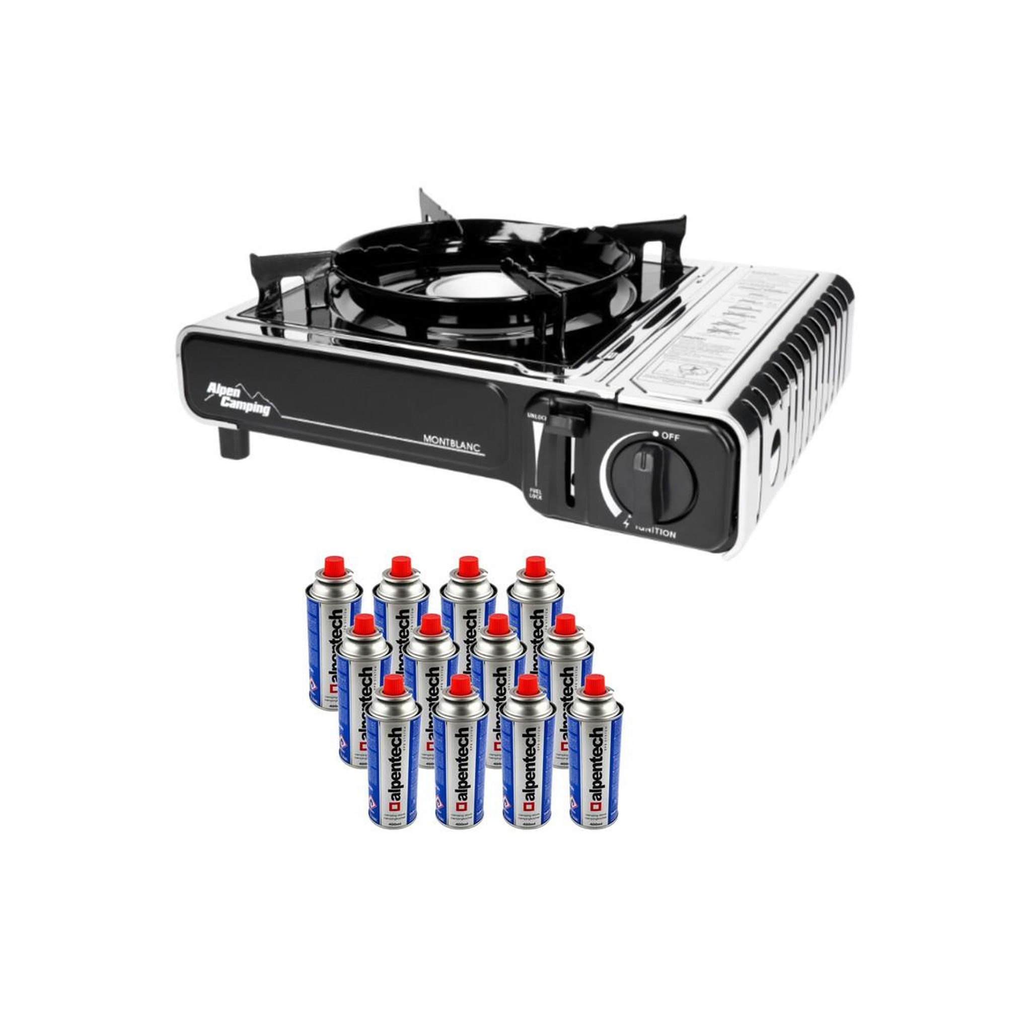 Voir la diapositive 3 : ALPENTECH Réchaud à gaz INOX 2200W MONT BLANC + 12 Cartouches de gaz Camping ALPEN