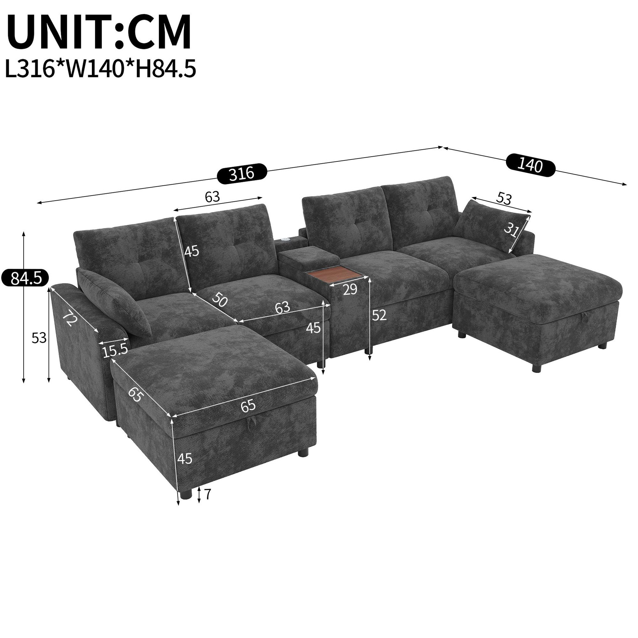 Voir la diapositive 3 : MERAX Canapé d'angle modulable 6 places u/l avec 2 poufs rangement usb type-c chenille