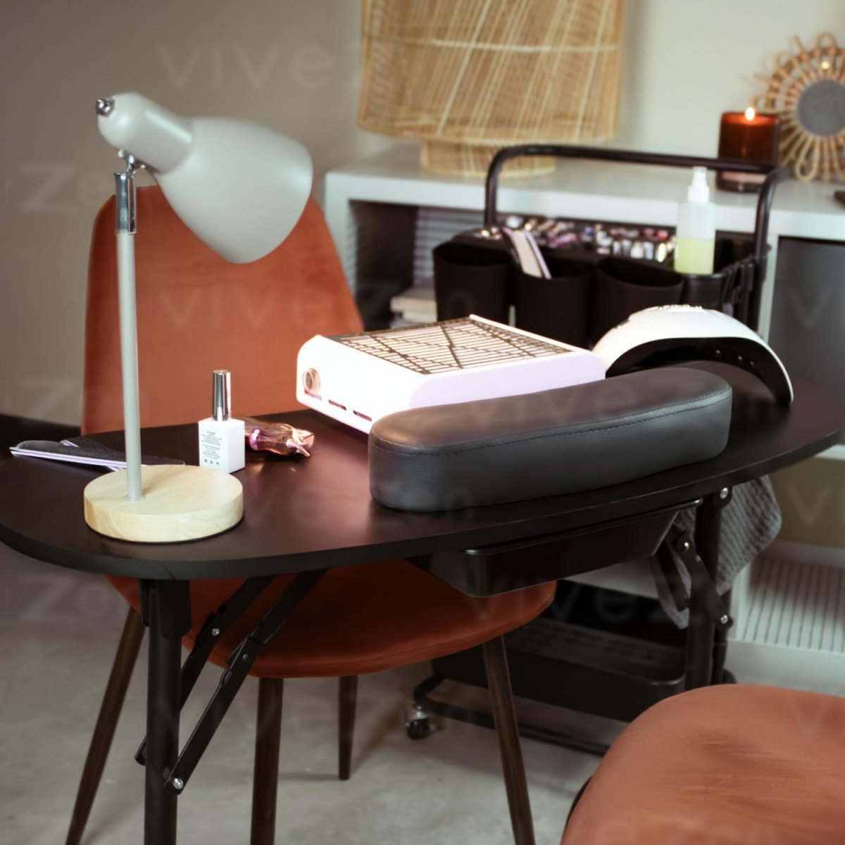 VIVEZEN Table de manucure professionnelle pliante avec tiroir, roulettes et housse de transport - Noir