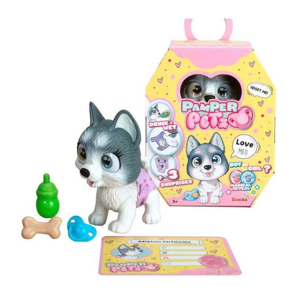 SILVERTORN Smoby - Pamper Petz - Husky a adopter - 4 accessoires - Articulé - Bois et fais pipi - Certificat d'adoption - Des 3 ans
