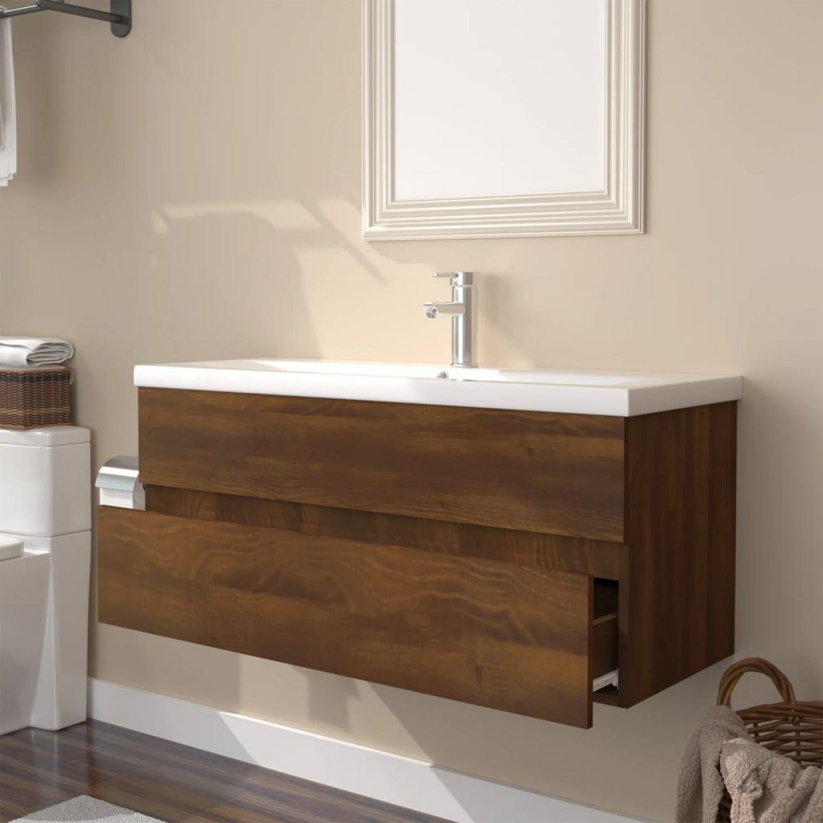 VIDAXL Meuble lavabo avec bassin integre Chene brun Bois d'ingenierie