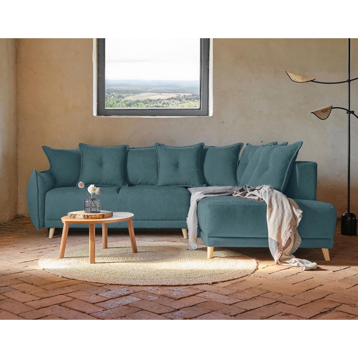 BEST MOBILIER Lena - canapé d'angle droit convertible - 5 places - bleu canard - style scandinave - bleu canard