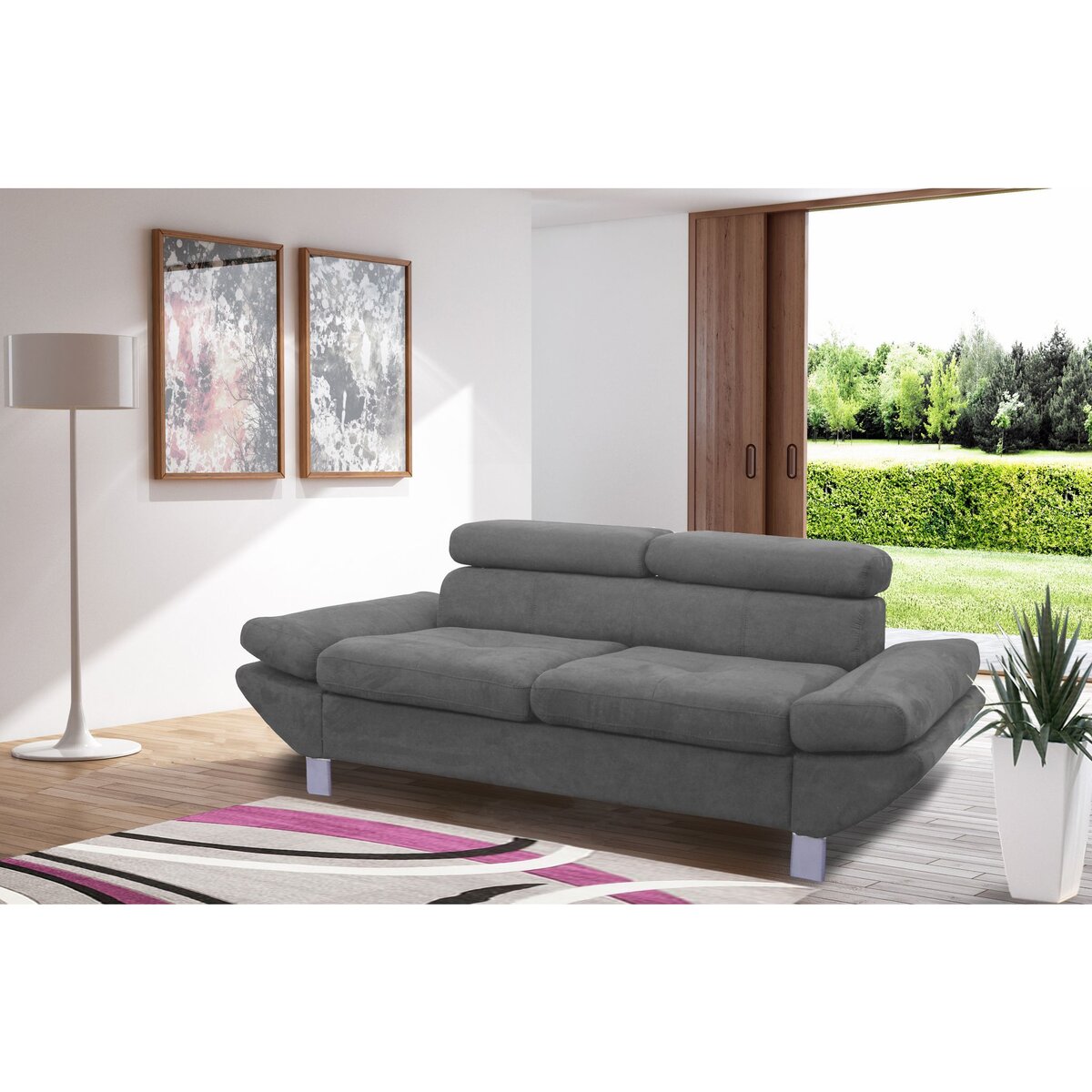 Canapé fixe 2 ou 3 places VERONIQUE, tissu toucher doux, tétière et accoudoir réglables