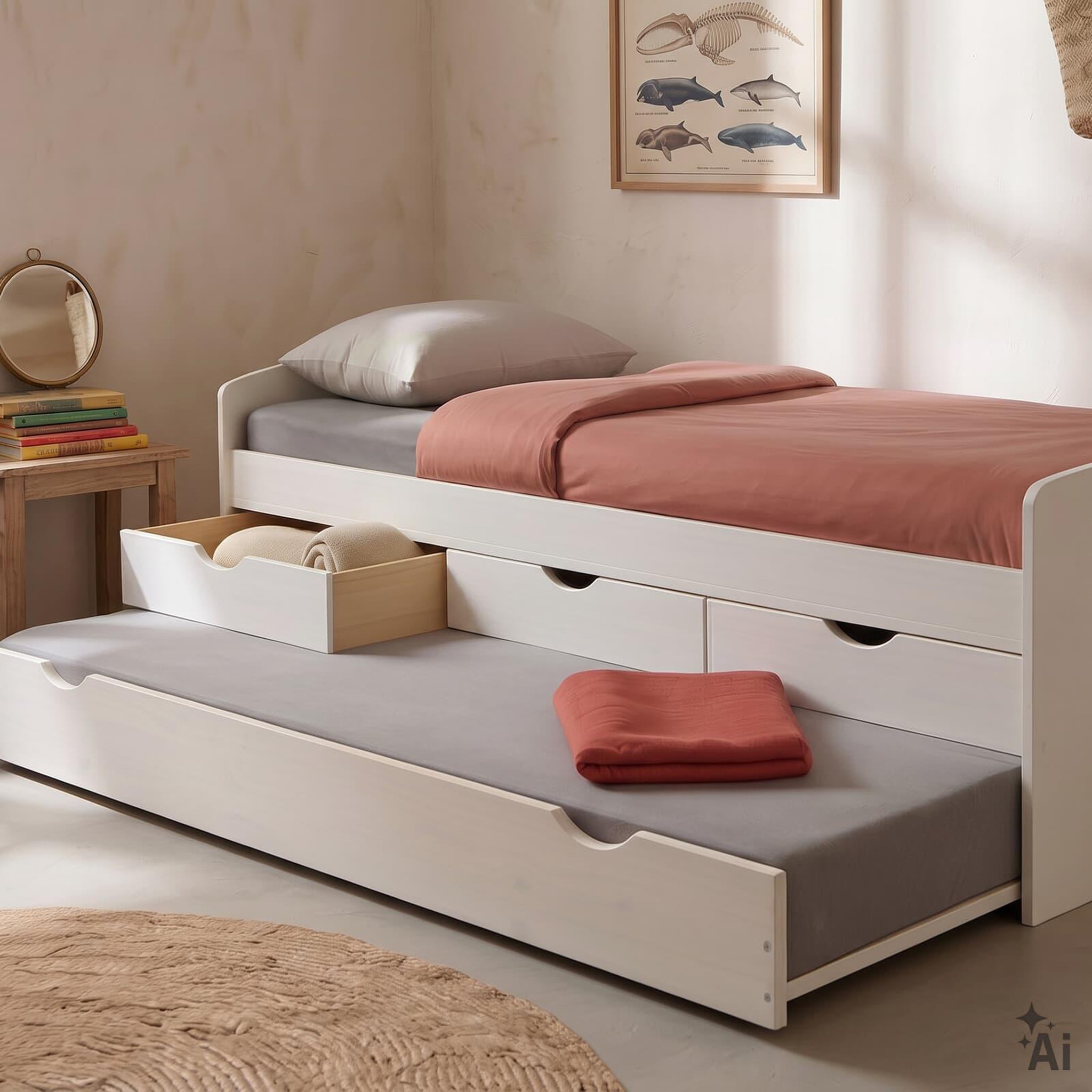 Voir la diapositive 4 : IDIMEX Lit gigogne avec rangements jessy, 90 x 190 cm en pin massif