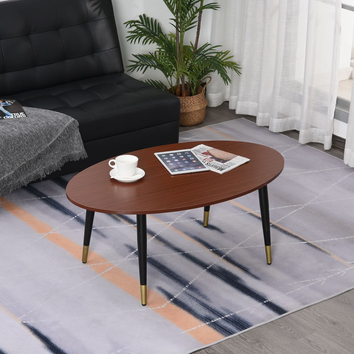 HOMCOM Table basse table d'appoint ovale multifonctionnelle dim. 100 x 60 x 42 cm aspect teck foncé