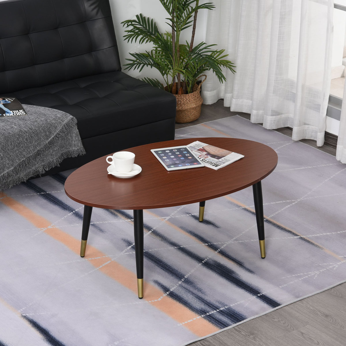 HOMCOM Table basse table d'appoint ovale multifonctionnelle dim. 100 x 60 x 42 cm aspect teck foncé