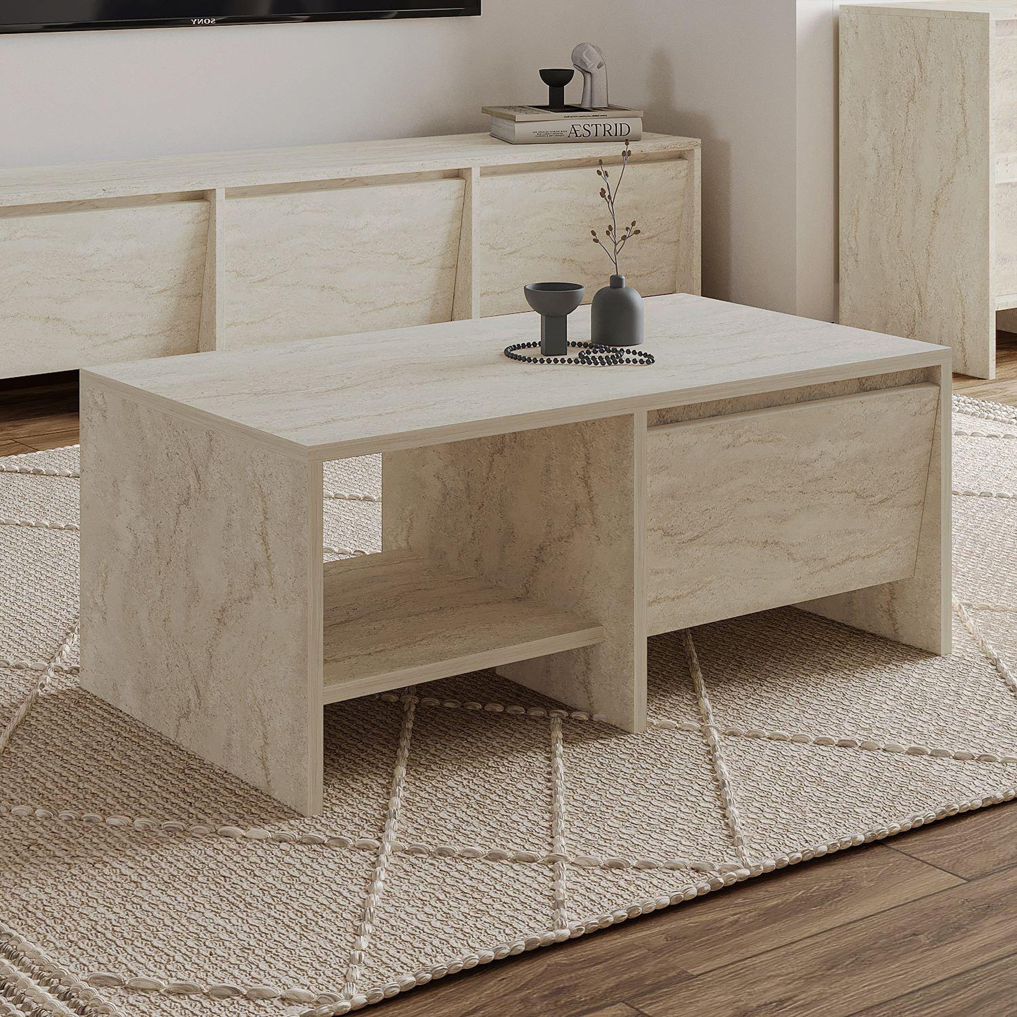 Voir la diapositive 4 : Habitat et Jardin Table basse en bois  laris  - 90 x 45 x 35 cm - travertin