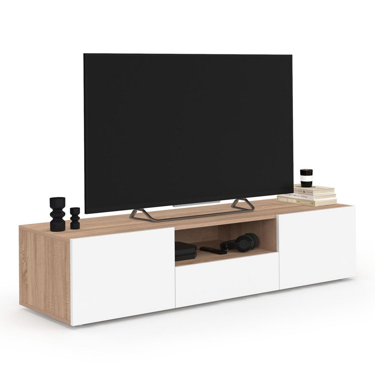 ID MARKET Meuble TV 140 cm ELI bois façon hêtre portes blanches