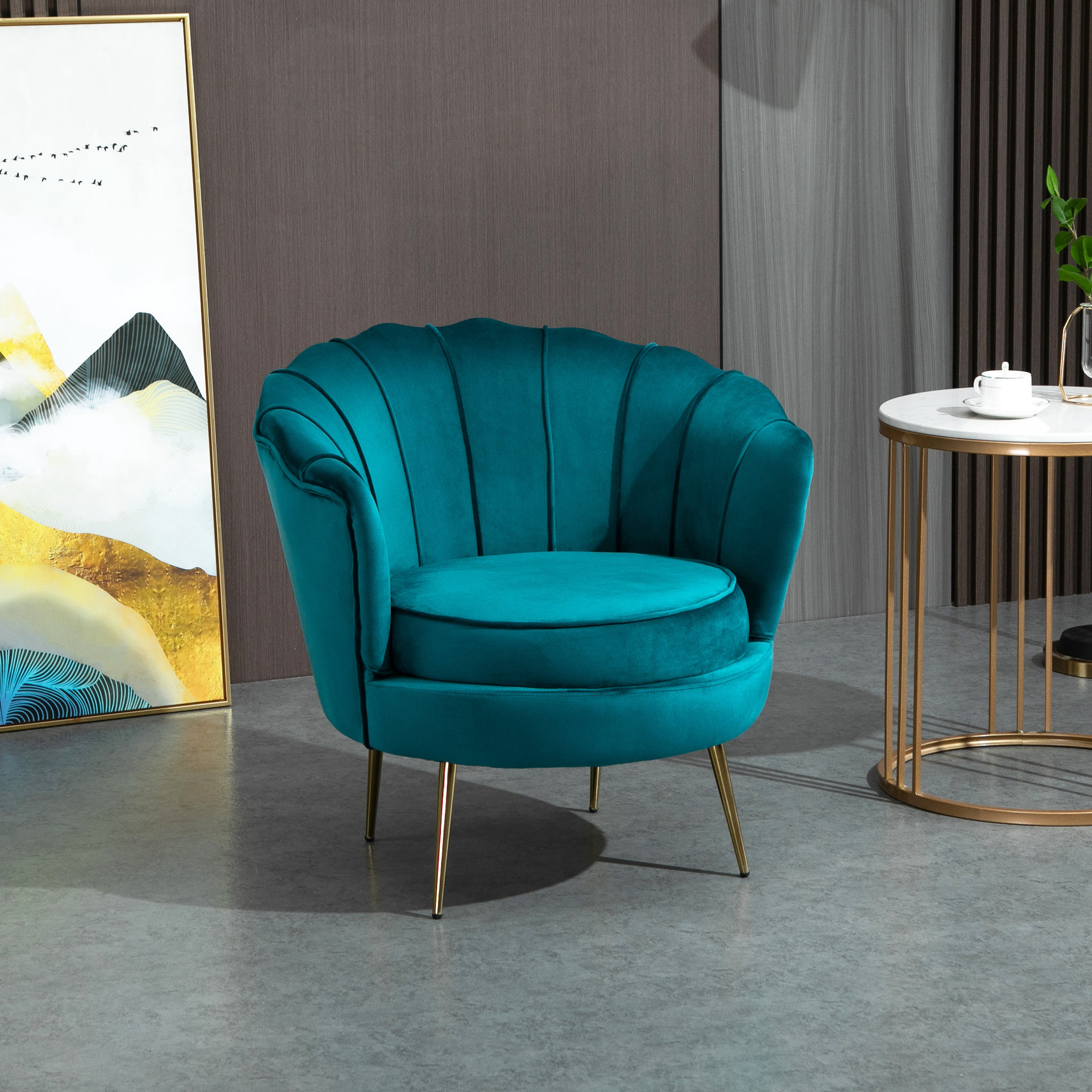 Voir la diapositive 2 : HOMCOM Fauteuil coquillage fauteuil design dim. 79L x 77l x 77H cm pieds dorés effilés velours bleu canard
