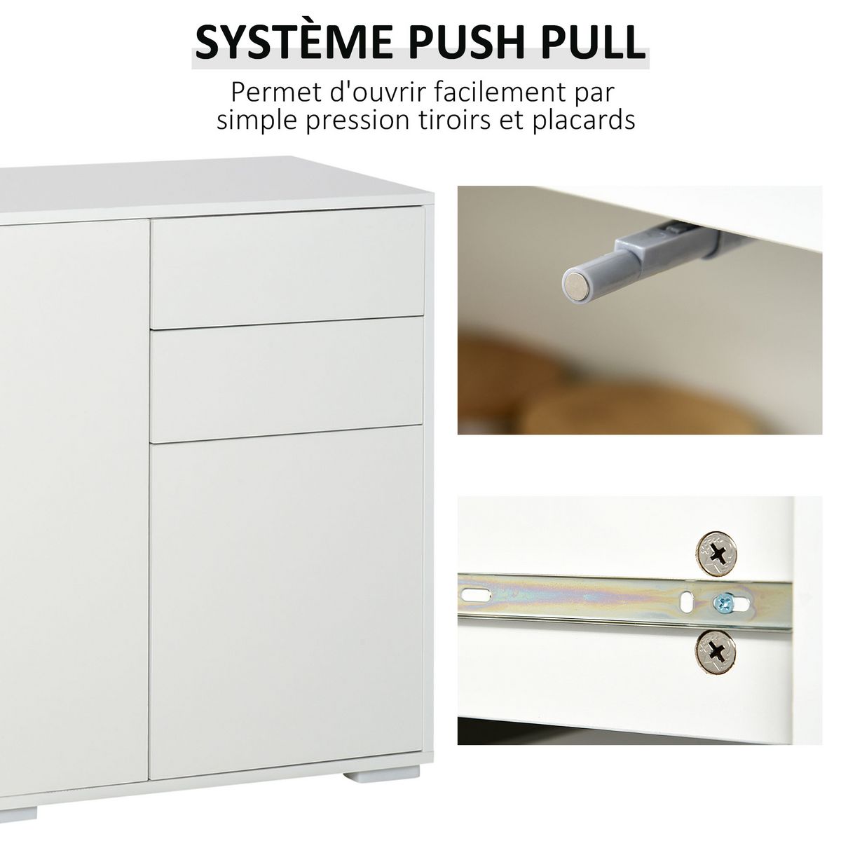 HOMCOM Commode buffet de rangement 2 tiroirs coulissants 3 portes étagère réglable panneaux de particules 117 x 36 x 74 cm blanc