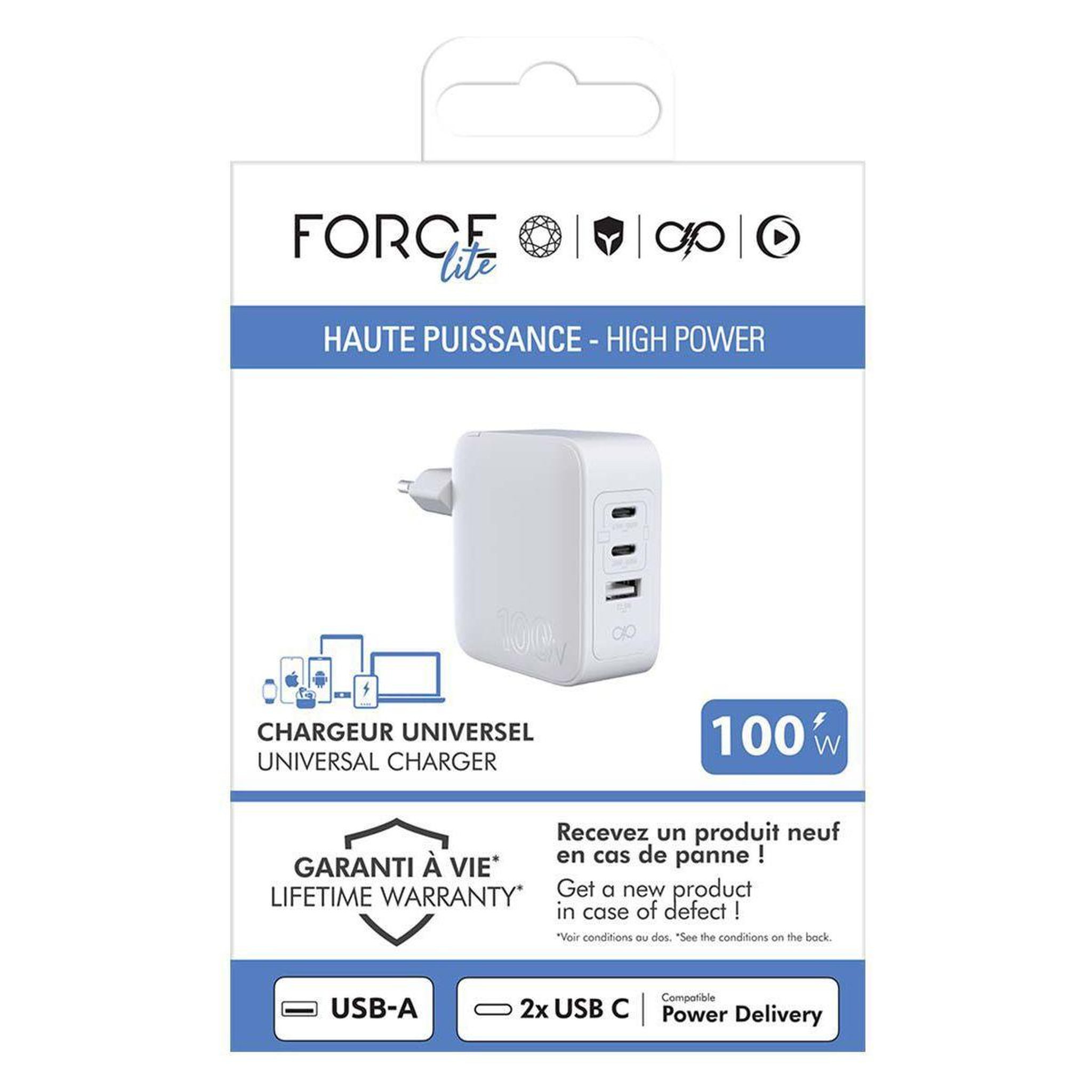 Voir la diapositive 4 : FORCE POWER Chargeur ordinateur portable 100w usb-a + 2 usb-c gan noir