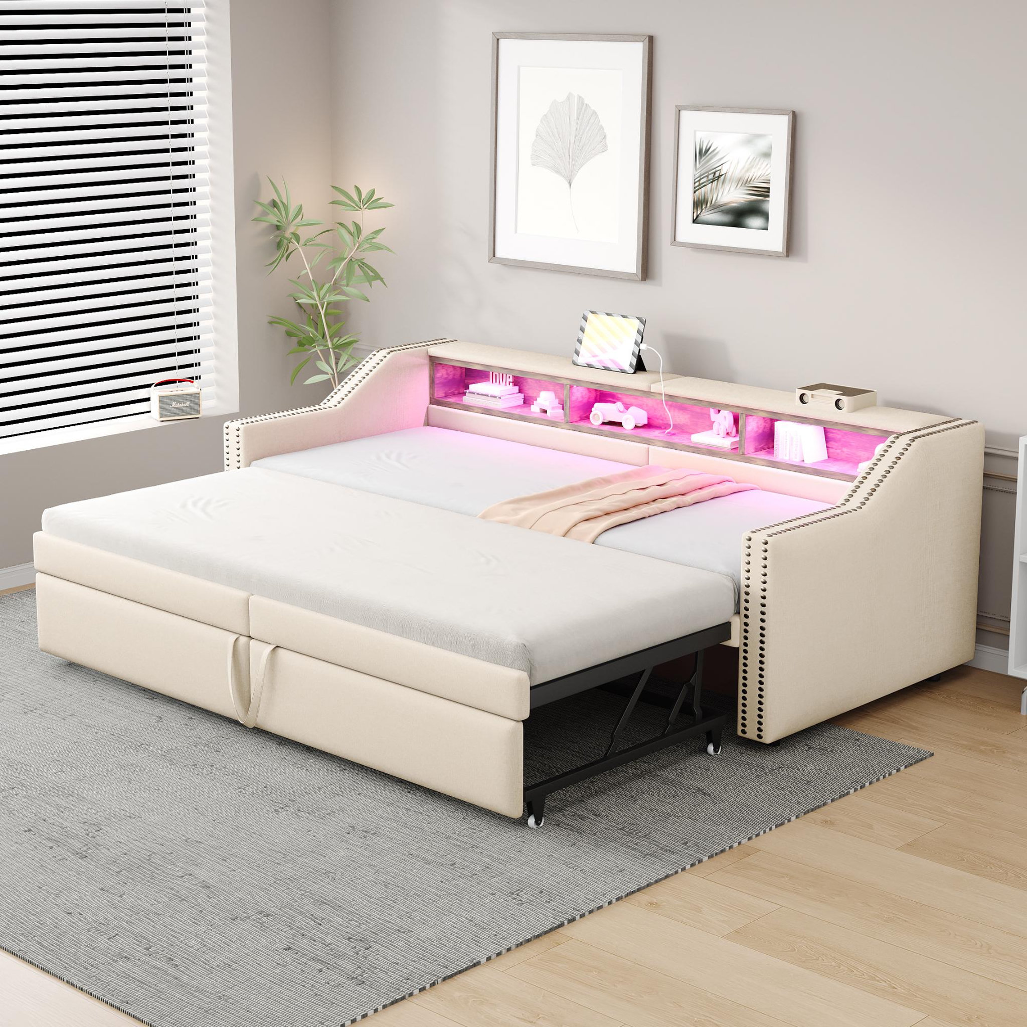 Voir la diapositive 2 : MERAX Lit banquette gigogne rembourré 90x200cm