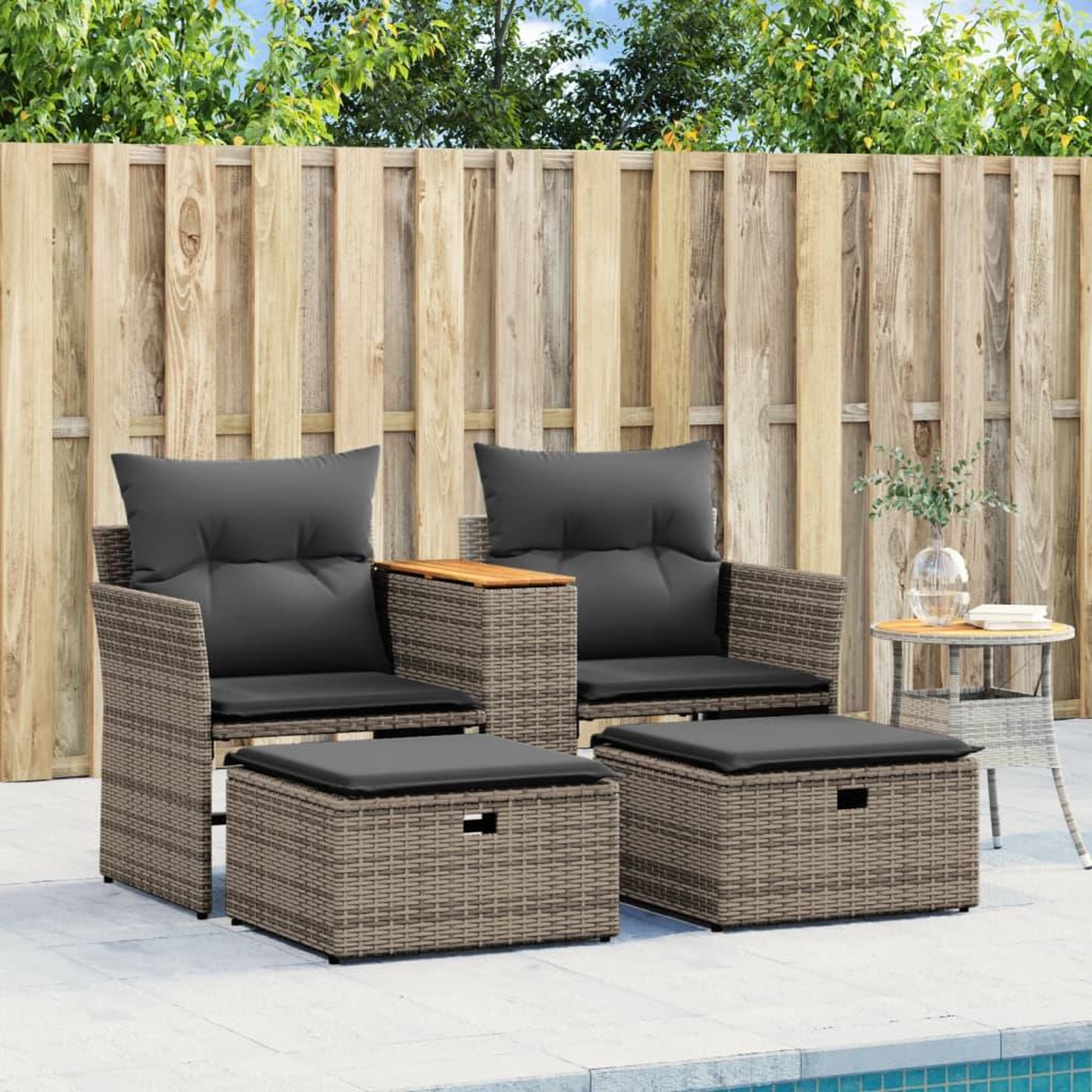 Voir la diapositive 3 : VIDAXL Canape de jardin 2 places avec tabourets gris resine tressee