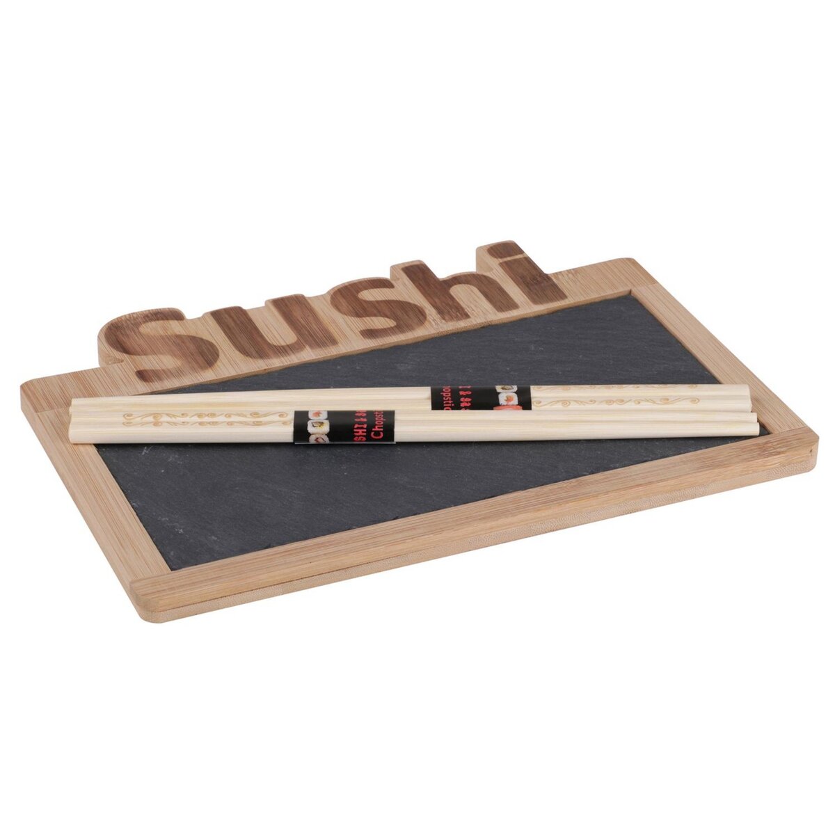 DIVERS Plateau à sushis avec baguettes - 25 x 18,5 cm - Bambou et ardoise